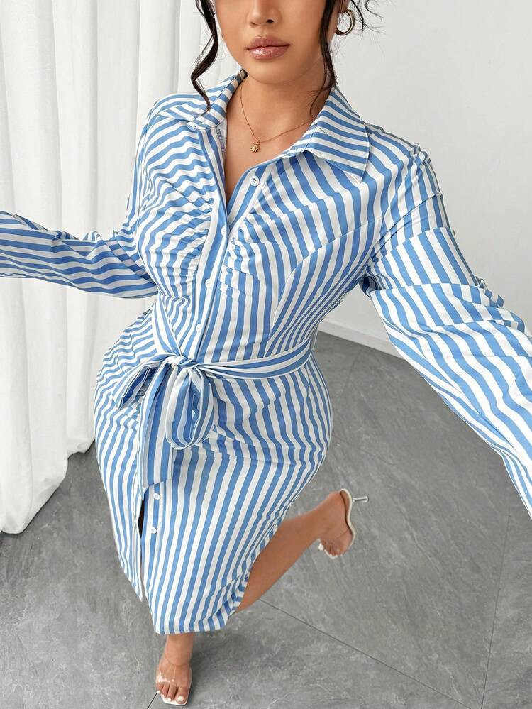 Elenzga Plus Size Elegant Commuter Striped Button Front Shirt Dress Fall Cloth For Women | SHEIN
