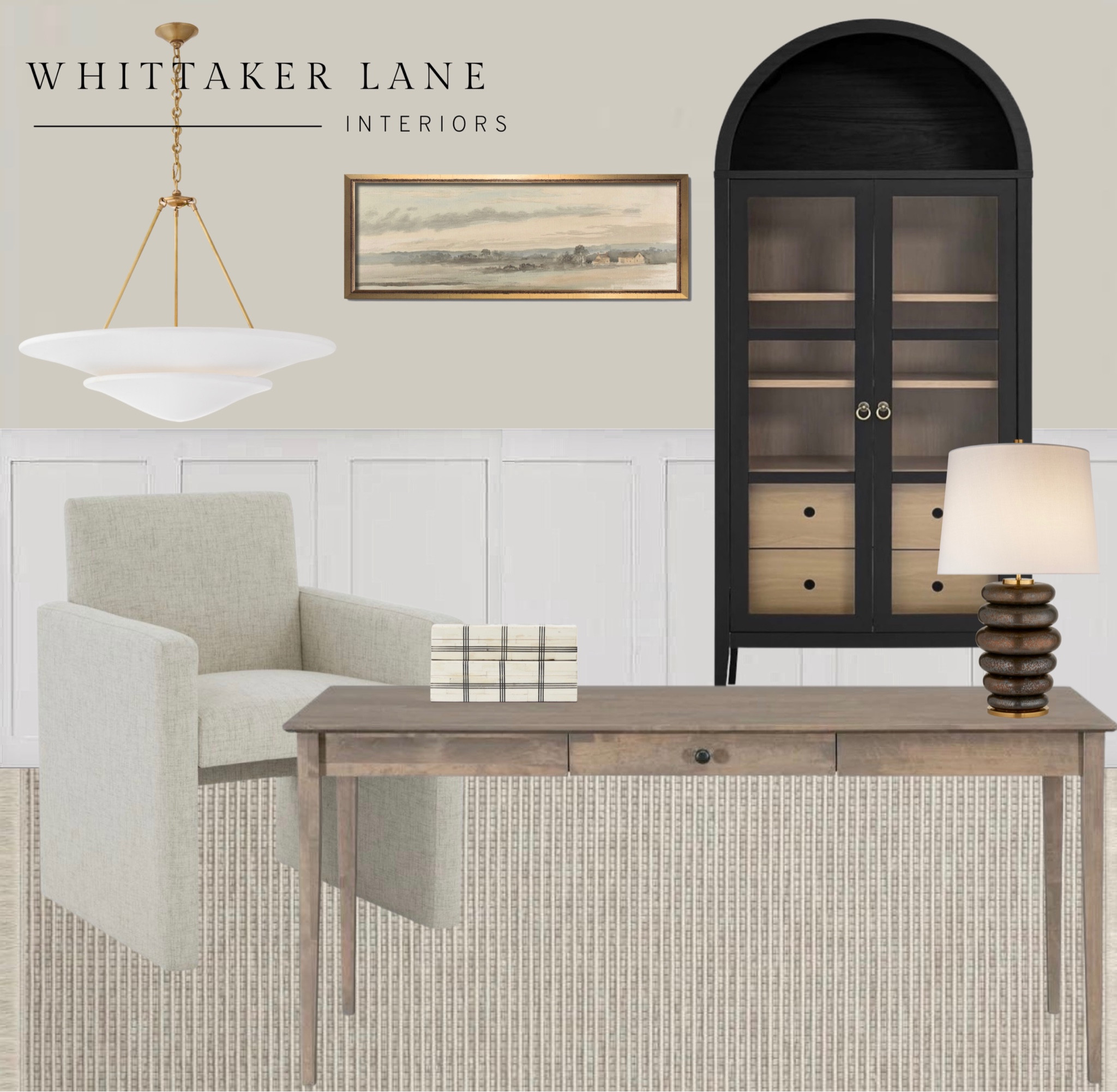 Home office, home office inspo, transitional office, modern transitional office, office desk, arch cabinet, Amazon home, Amazon finds, solid wood desk, rug, transitional rug, transitional art #LTKhome 

#LTKU #LTKMostLoved