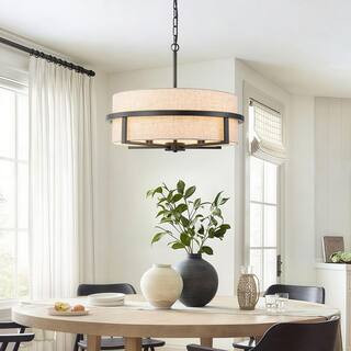TinHon 22 in. 4-Light Drum Pendant Light with Beige Fabric Shade and Black Metal Frame for Dining... | The Home Depot