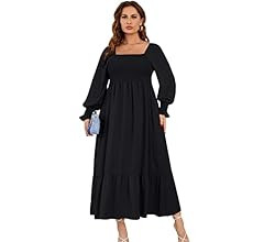 WDIRARA Women's Square Neck Flounce Shirred Ruffle Hem Elegant Long Sleeve Maxi Dress | Amazon (US)