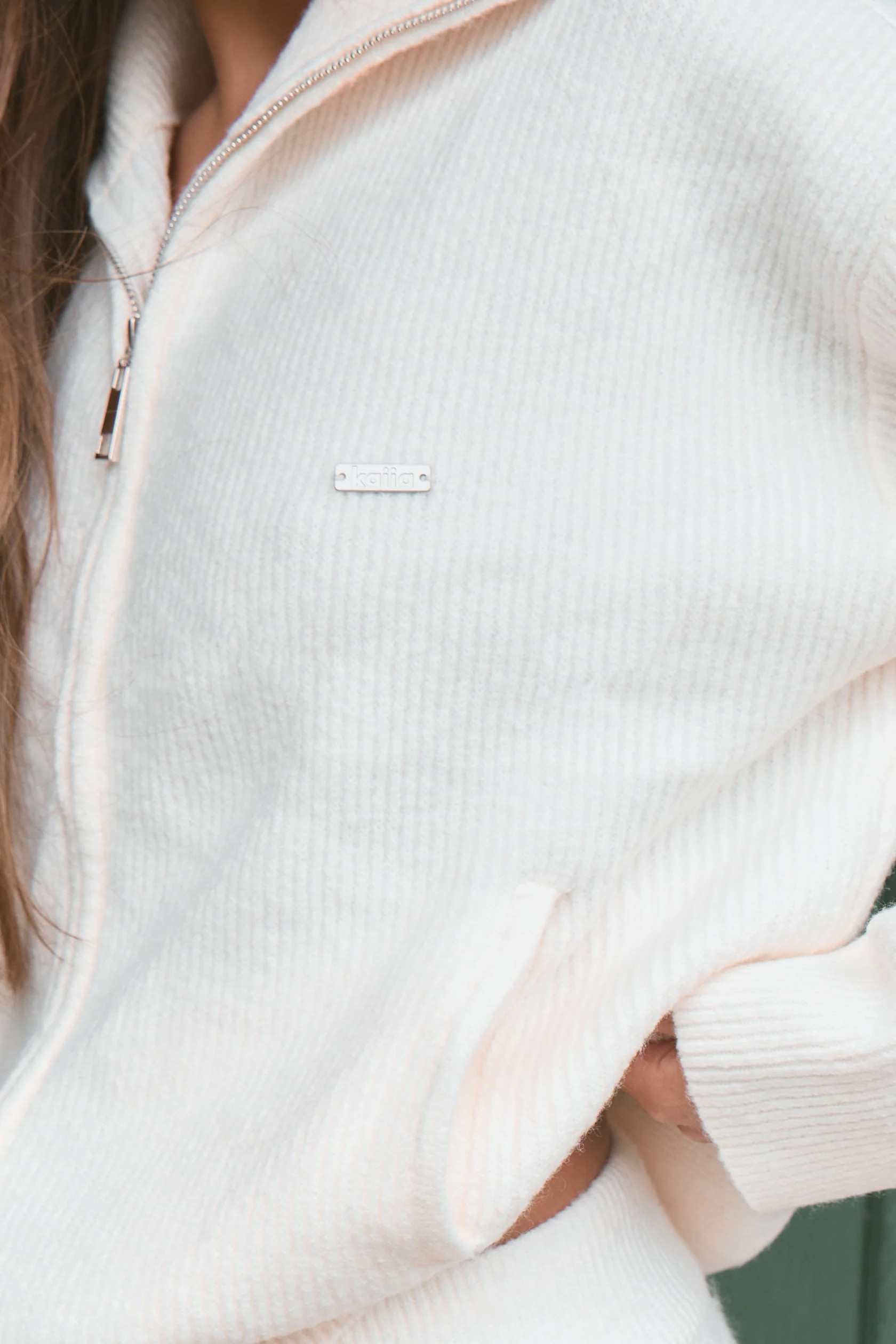 Kaiia Knit Oversized Funnel Neck Zip Through Jacket Cream | Kaiia the Label
