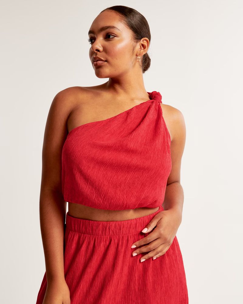 Asymmetrical One-Shoulder Knotted Crinkle Set Top | Abercrombie & Fitch (US)