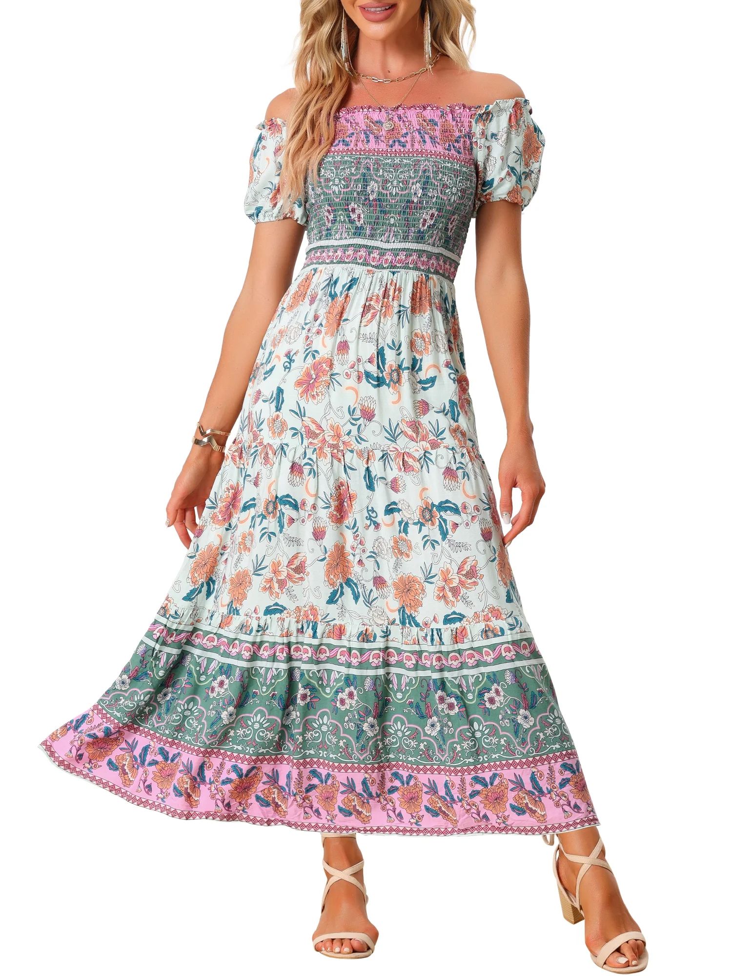 Allegra K Women's Boho Floral Square Neck Midi Smocked Dresses - Walmart.com | Walmart (US)