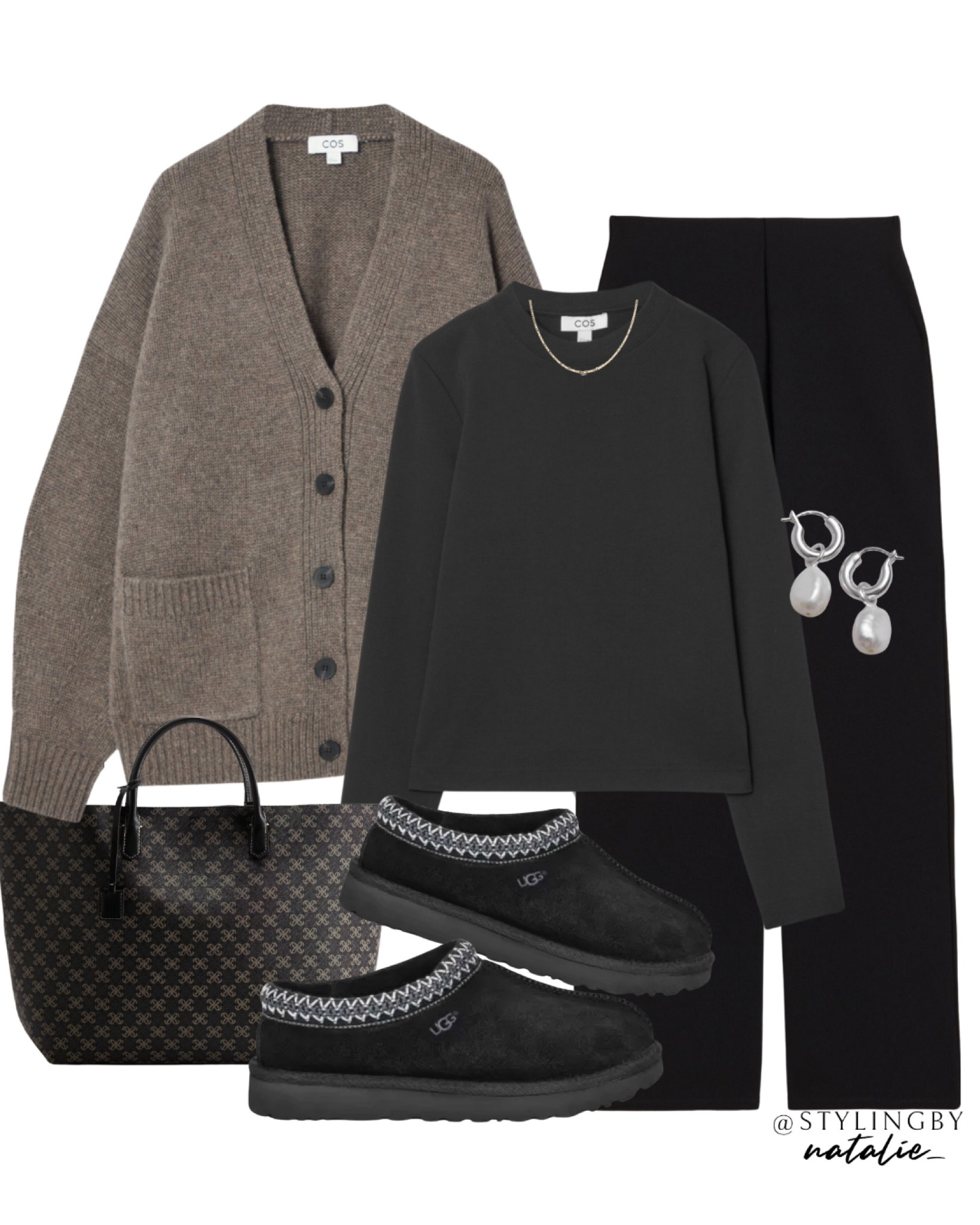 Chunky cashmere knit cardigan, black jersey trousers, black long sleeve top, Ugg Tasman shoes, shopper bag & silver accessories.
Autumn knitwear, transitional style, pre fall, fall outfit, work wear.

#LTKautumn #LTKstyletip #LTKworkwear