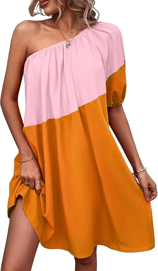 KIRUNDO Womens 2023 Summer Casual One Shoulder Mini Babydoll Dress Puff Sleeve Loose Tiered A Lin... | Amazon (US)