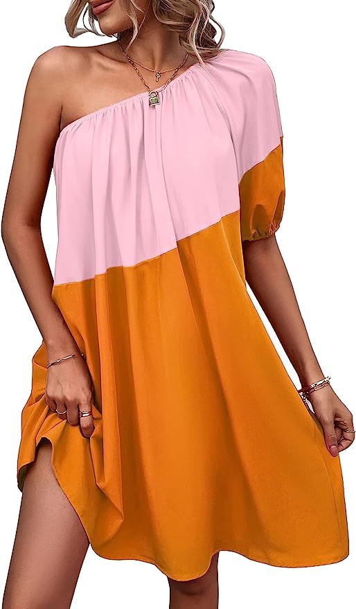 KIRUNDO Womens 2023 Summer Casual One Shoulder Mini Babydoll Dress Puff Sleeve Loose Tiered A Lin... | Amazon (US)