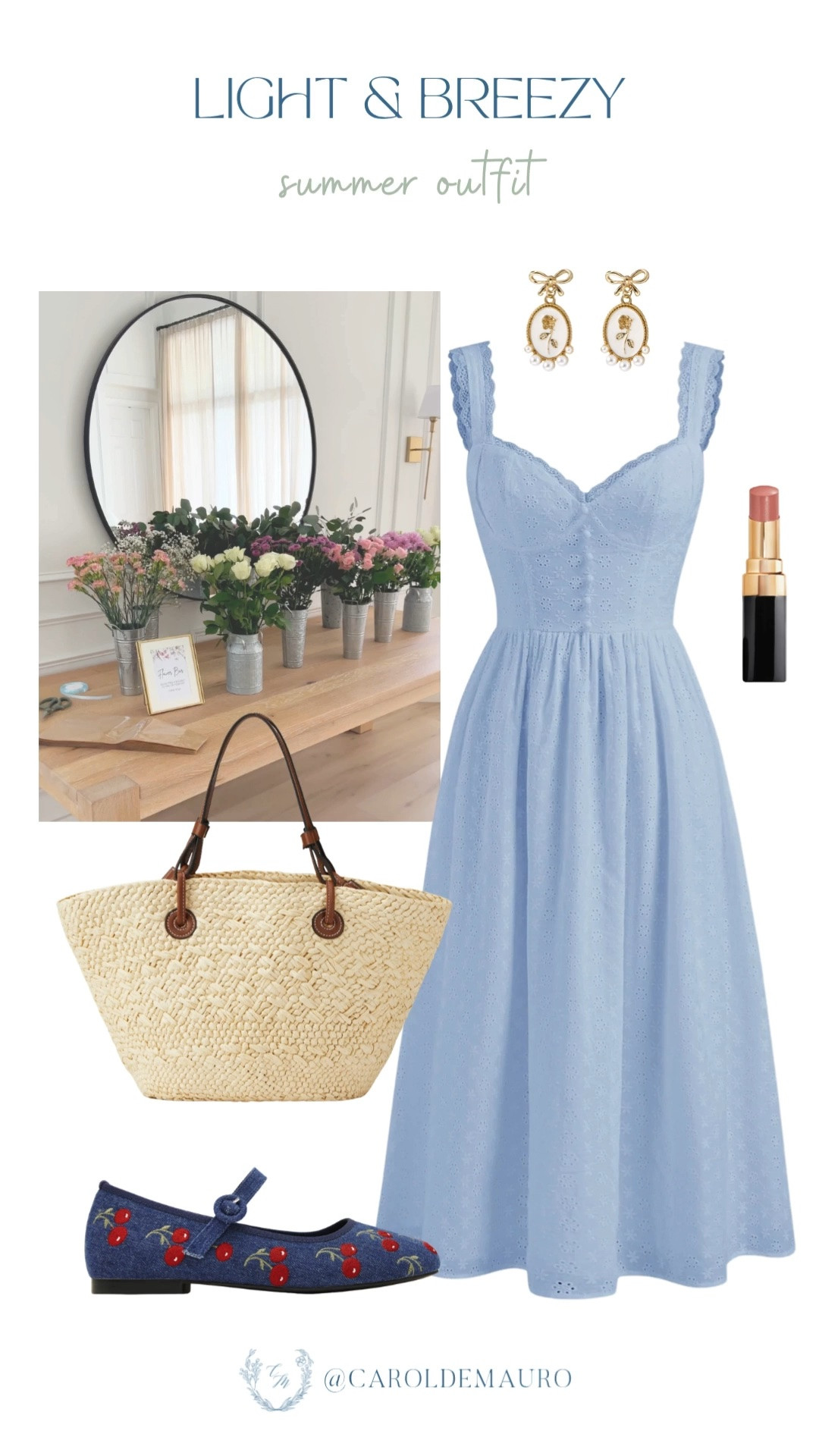 light and breezy look, summer outfit, blue dress, mary jane flats, woven tote bag, cute jewelry, beauty finds, midi dress, cherry aesthetic, raffia bag

#LTKootd #LTKPetite #LTKU