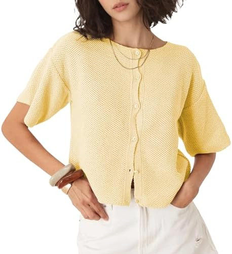 Ainangua Womens Casual Cardigan Summer Short Sleeve Crew Neck Button Down Knit Sweater Tops Light... | Amazon (US)