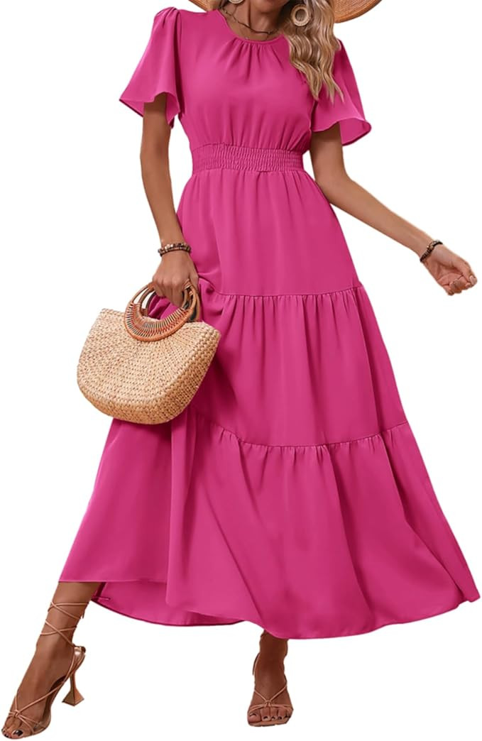 PRETTYGARDEN Women's Summer Casual Short Flutter Sleeve Round Neck Smocked Waist Tiered Boho Flor... | Amazon (US)