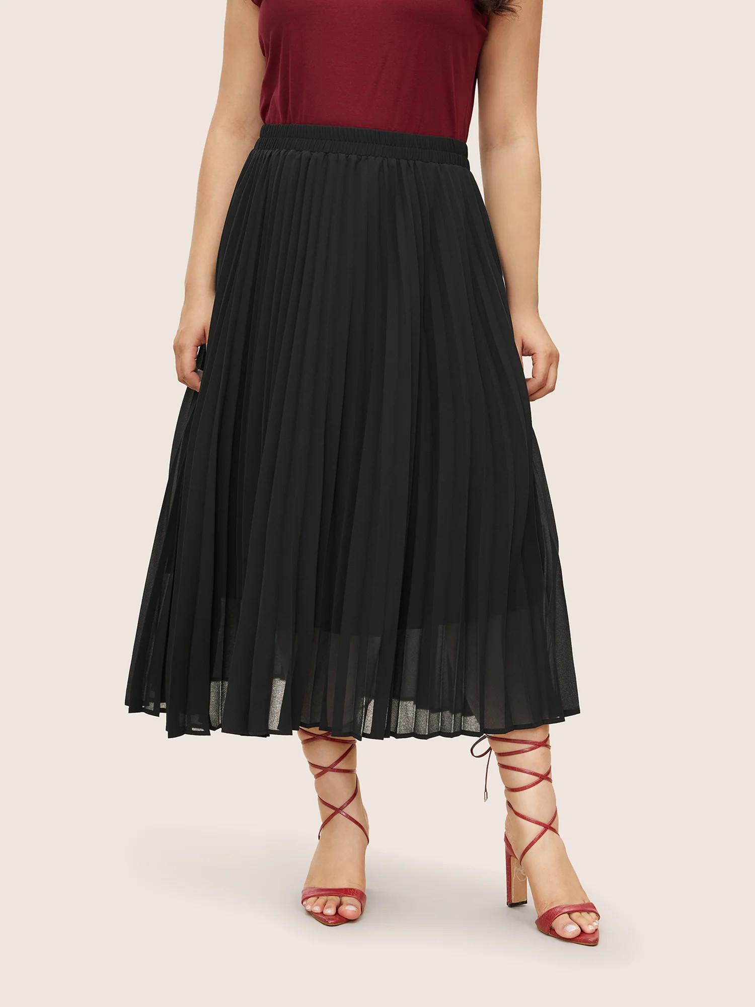 Solid Pleated Elastic Waist Mesh Skirt | Bloomchic