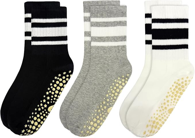 Cute Striped Yoga Socks for Women–3 Pairs Non Slip Crew Grip Pilates Barre Socks | Amazon (US)