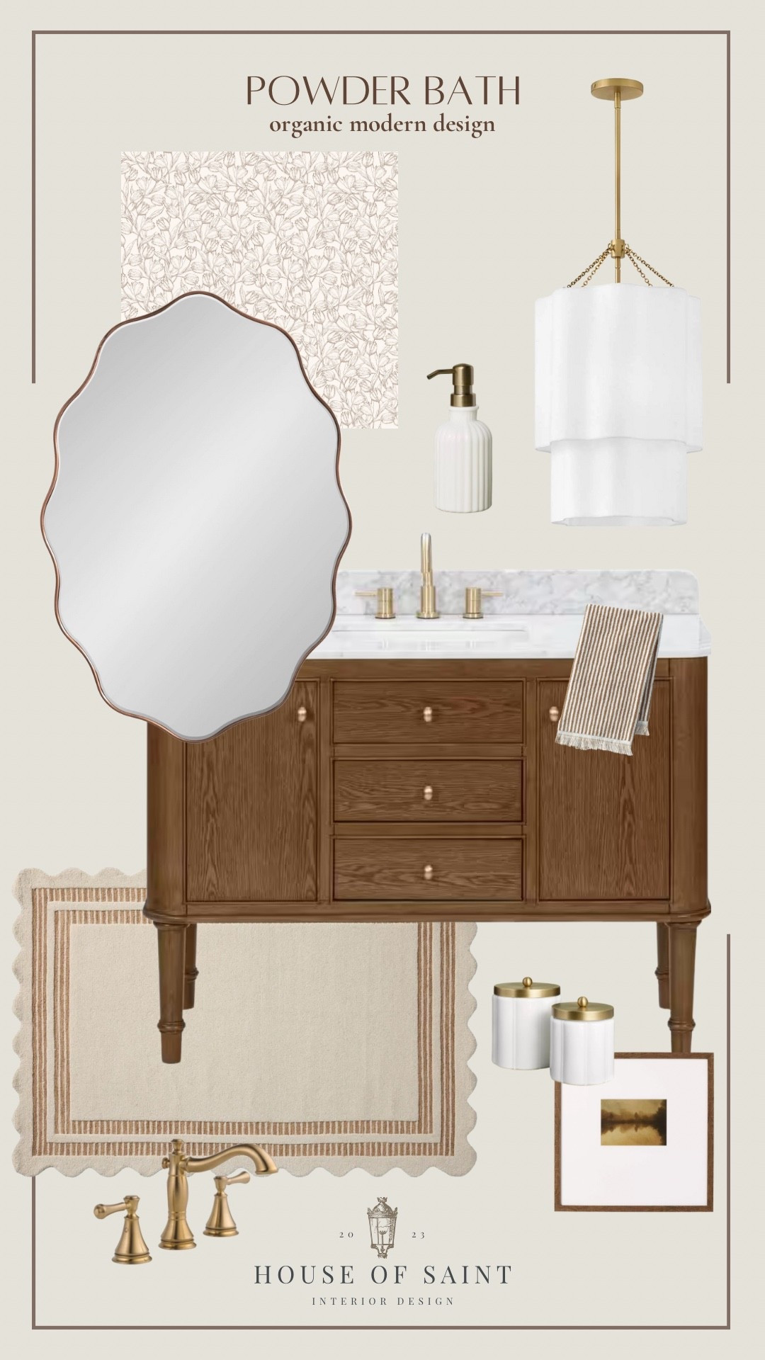 This powder bath makeover blends rich textures, warm wood tones, and elegant brass finishes to create the perfect balance of modern and organic design.

🏡 Design Breakdown:
▫️Custom-stained wood vanity
▫️Scalloped-edge mirror 
▫️Textured floral wallpaper for soft contrast
▫️Layered lighting with a dreamy pendant
▫️Neutral rugs & gold fixtures for warmth
▫️Minimalist decor with elevated storage

📲 Everything is linked for you — from the faucet to the artwork!

🛍️ Shop this Look:
#PowderRoomGoals #BathroomInspo #OrganicModern #NeutralHome #HouseofSaintDesign #LTKHome #LTKBathroom #InteriorDesignInspo #ScallopedMirror #BrassFixtures #BathroomMoodboard #VanityGoals #BathroomStyle #ModernOrganicDesign

#LTKHome