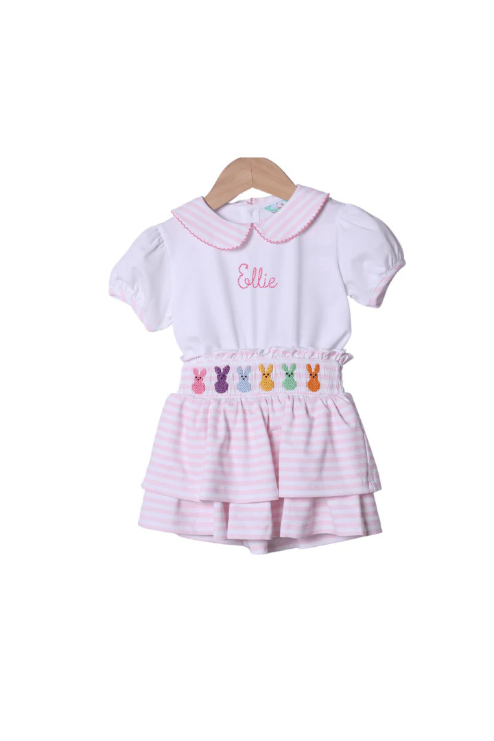 Embroidered Peeps Pink Stripe Skort Set | The Smocked Flamingo