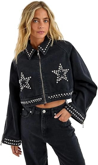 Nasty Gal Star Studded Denim Cropped Jacket | Amazon (US)