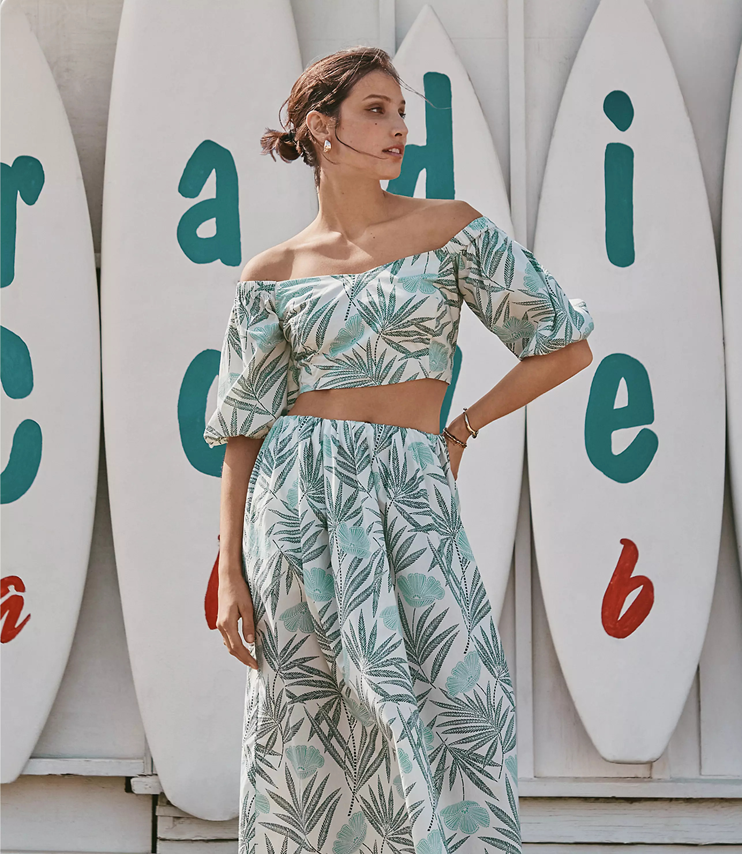 LOFT Beach Palm Poplin Puff Sleeve Crop Top | LOFT