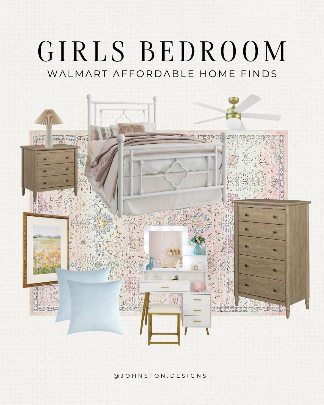 Girls bedroom all from Walmart! Affordable home furniture finds, girls bedroom, kids room, decor finds, girly, teen girl, vanity, dresser and nightstand, pink and blue, Walmart home.  

 #LTKHome #LTKKids