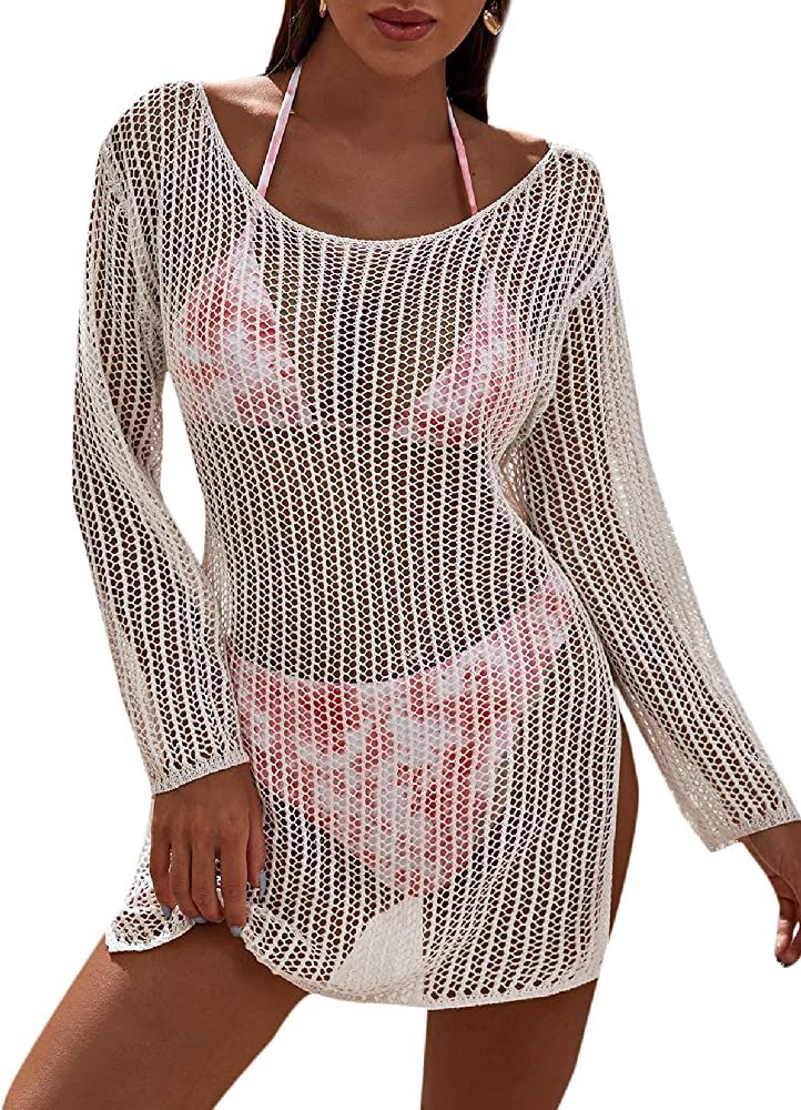 MakeMeChic Women's Crochet Cover Up Long Sleeve Knitted Beach Swimwear Cover Ups Dress | Amazon (US)