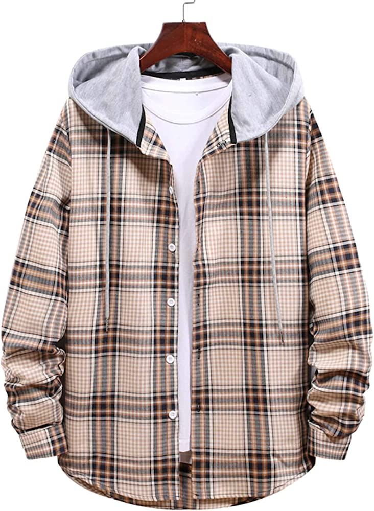 Romwe Men's Long Sleeve Hoodie Jacket Plaid Button Down Flannel Shirts | Amazon (US)