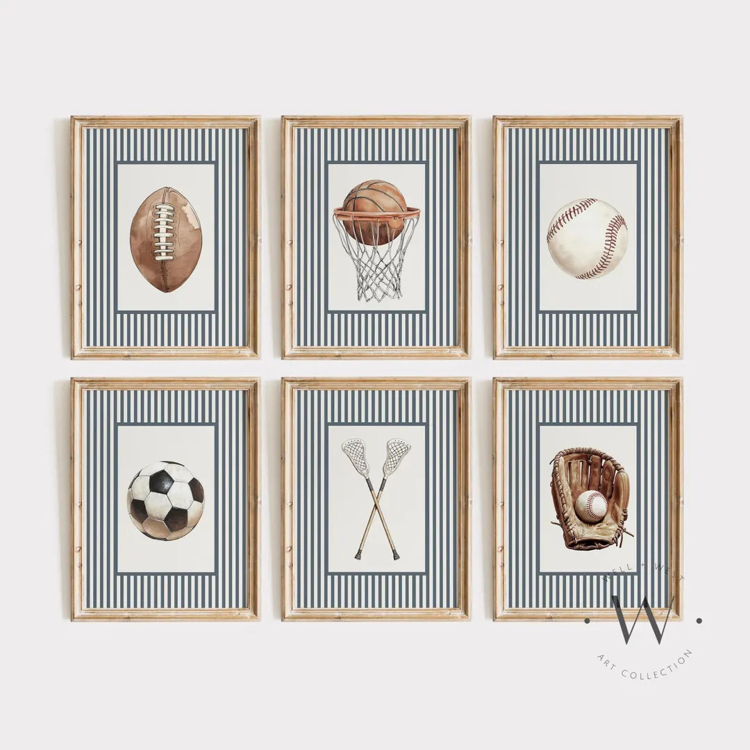 Set of 6 Navy Sports Prints | Vintage Style Illustrations | Baseball, Football, Lacrosse, Soccer,... | Etsy (US)