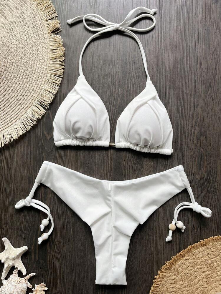 Summer Resort & Beach Plain Color Halter Neck Bikini Set | SHEIN