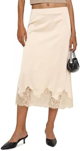 Cicy Bell Womens Silk Satin Midi Skirts Casual Dressy Lace Hem High Waisted A-Line Skirt Elegant ... | Amazon (US)