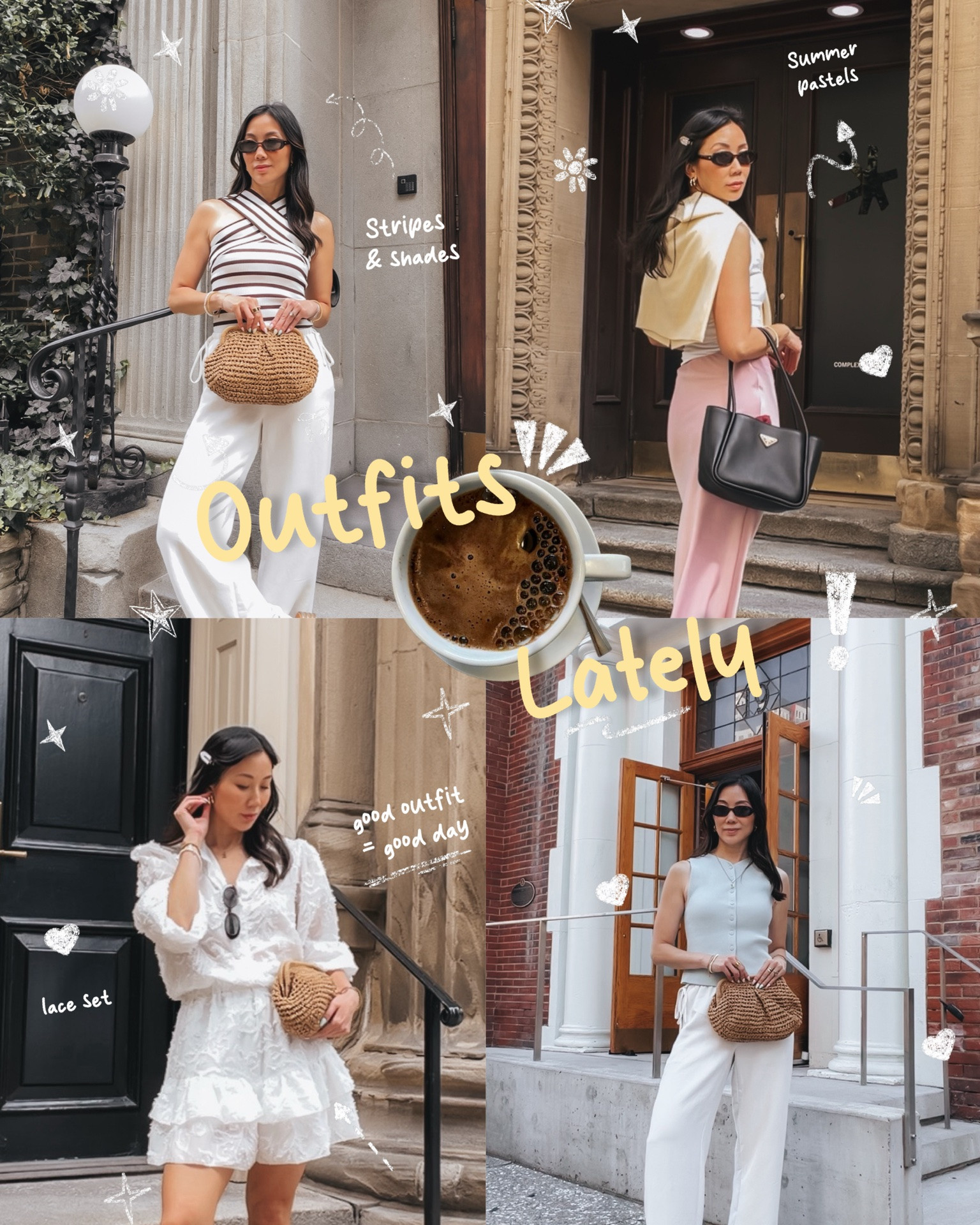 Summer outfit ideas
☀️ Comment SHOP for the details.

This summer I’ve basically been living in a rotation of the same core pieces, just remixed: a striped crossover knit top (my most-worn item, hands down), white wide-leg trousers that go with everything, a sage green button-front vest for when I want “put together” without trying, and a satin pink midi skirt for the days I need a little more polish. One straw clutch does double duty from desk to dinner, and white ballet flats or mules round it out depending on how much walking I’m doing.

Nothing fancy — just pieces that mix and match so getting dressed isn’t its own task before 9am.

#LTKsummer #LTKworkwear #LTKdresses