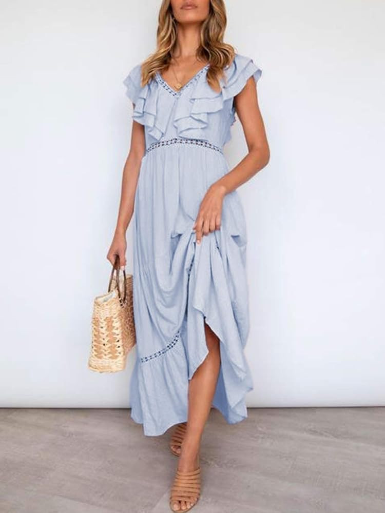 Lenmotte Women's Ruffle V Neck Maxi Dress Cute Backless A Line Long Dress | Amazon (US)