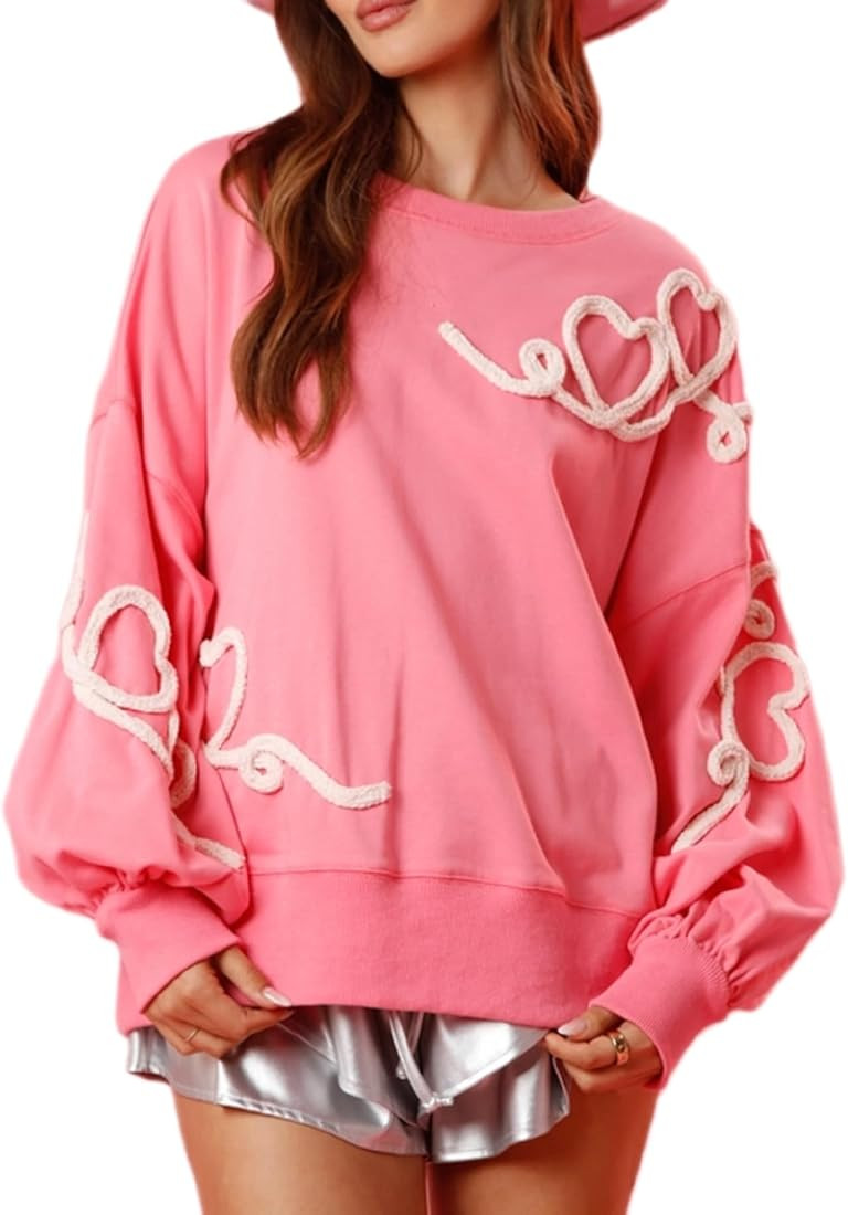 Luckinbaby Women's Cute Heart Sweatshirts Sequin Patch Romantic Love Valentines Shirt Long Sleeve... | Amazon (US)