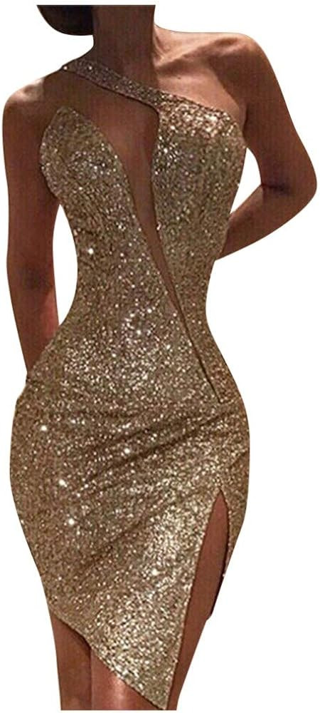 Amazon.com: Sequins Split Party Dress Women's Sexy Clod Shoulder Sleeveless Nightclub Mini Dress ... | Amazon (US)