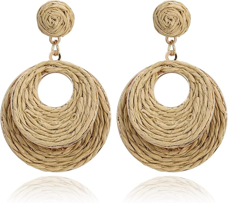 Handmade Raffia Hoop Earrings for Women - Lightweight Boho Dangle Jewelry, Summer Beach Vacation ... | Amazon (US)