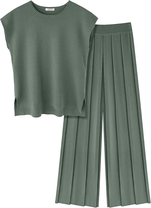 Ekouaer Lounge Sets for Women Two Piece Outfits Knit Cap Sleeve Tops Wide Leg Pleated Pants Casual Dressy Sweater Sets | Amazon (US)