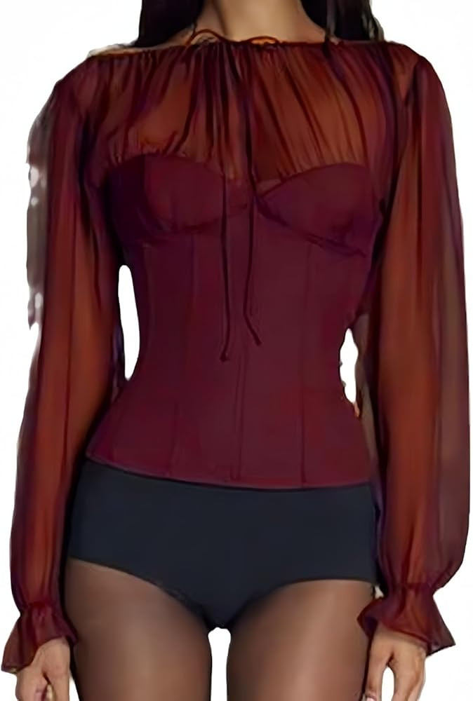 Y2k Tops Sexy Tops Long Sleeve Tops for Women Tie Front Tops Sheer Tops for Women Corset Tops Bow... | Amazon (US)