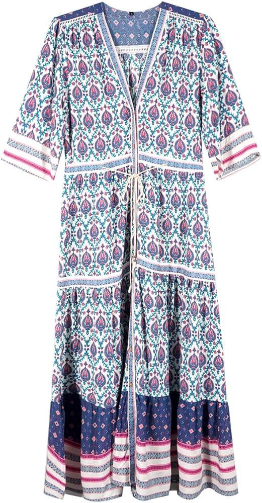 TrendyCosmo Women's Casual Half Sleeve V Neck Floral Print Bohemian Maxi Dresses Loose Boho Dress... | Amazon (US)
