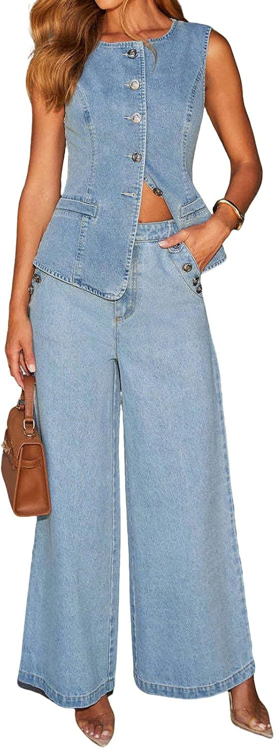 loveimgs Women 2 Piece Denim Set Button Sleeveless Jean Vest Denim Top Y2k Shirt Wide Leg Jeans Palazzo Pants Outfits | Amazon (US)