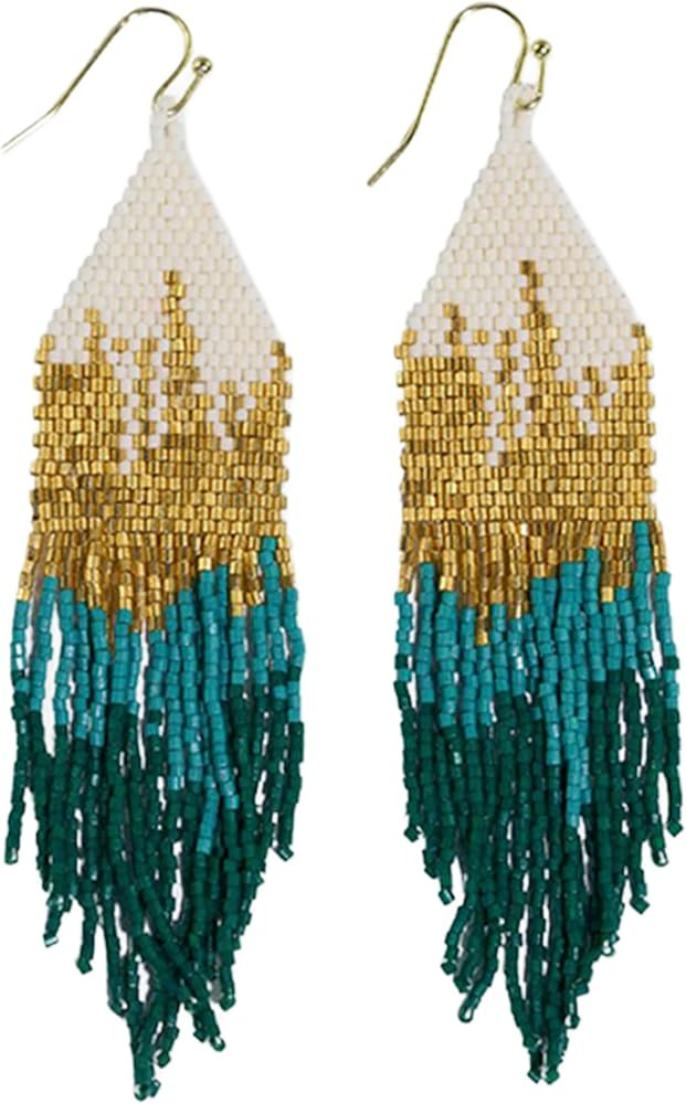 INK+ALLOY Beaded Earrings for Women Dangling, Claire Luxe Seed Bead Fringe Statement Boho Earring... | Amazon (US)