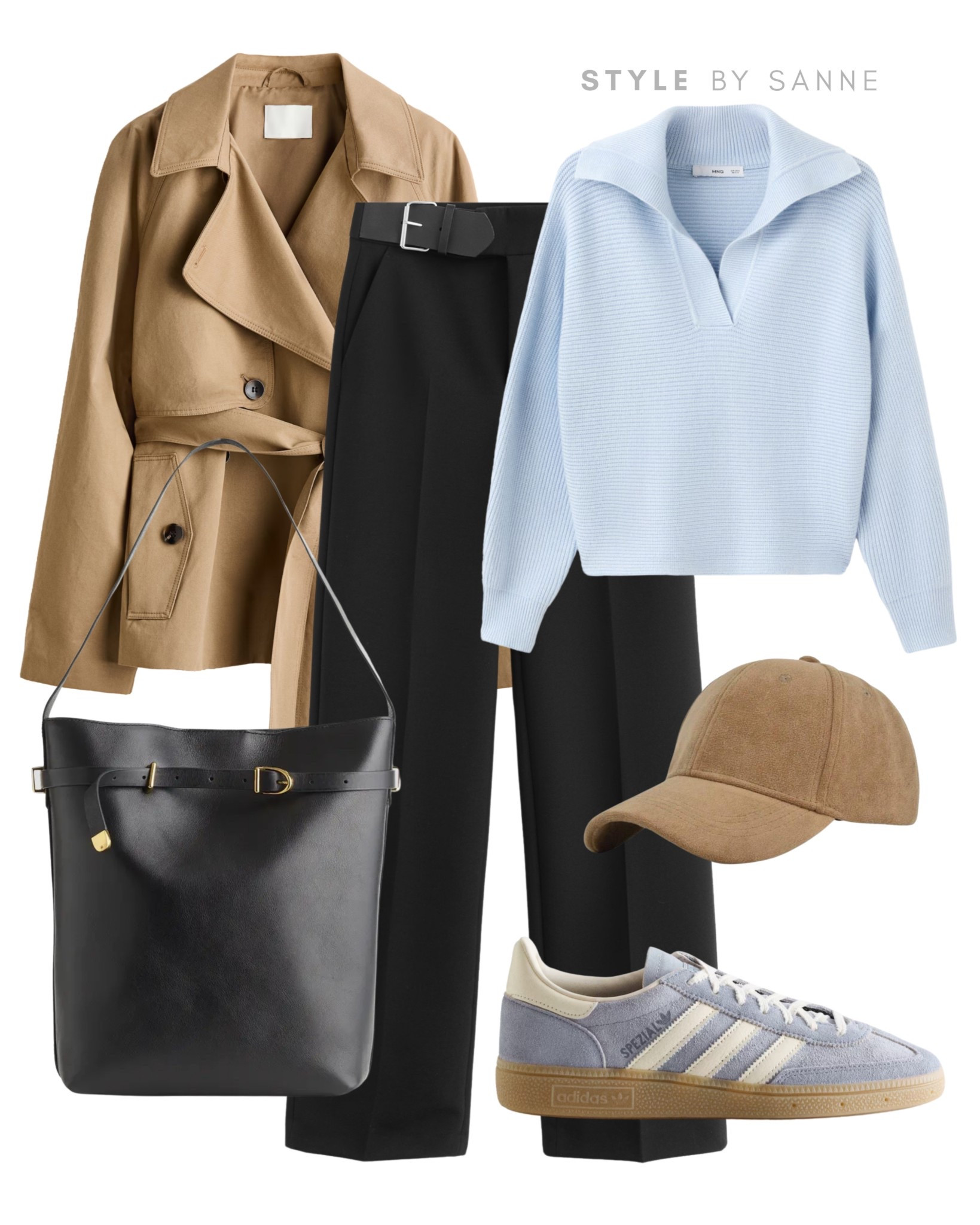 A timeless camel trench layered over a soft light blue knit and tailored black trousers creates a clean, effortless look. Finished with suede sneakers, a casual cap and a sleek black tote for relaxed everyday style.🩵

#LTKworkwear #LTKspring #LTKstyletip