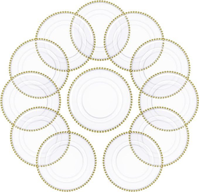 12 Pcs 13'' Gold Clear Plastic Charger Plates with Bead Rim Round Clear Beaded Charger Plate Deco... | Amazon (US)