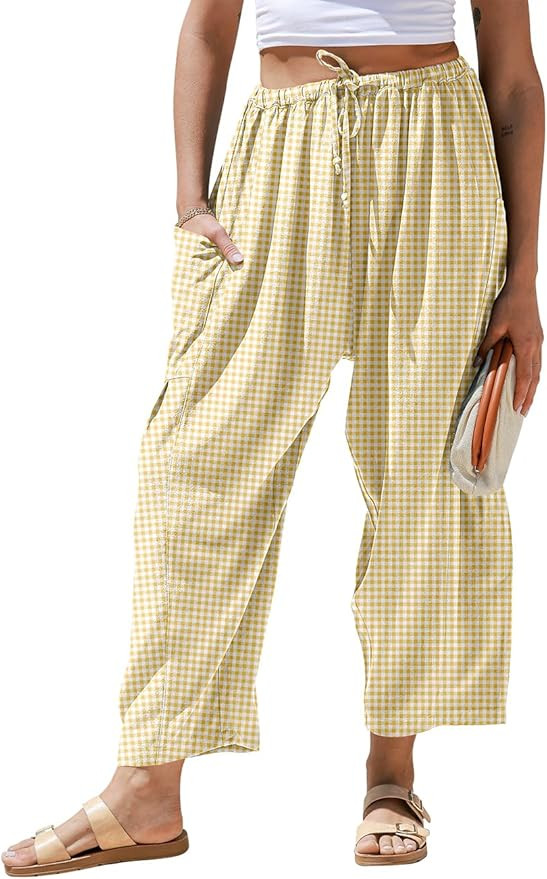 TARSE Womens Wide Leg Striped Plaid Pants Casual Barrel Loose Drawstring Low Waist Palazzo Harem ... | Amazon (US)