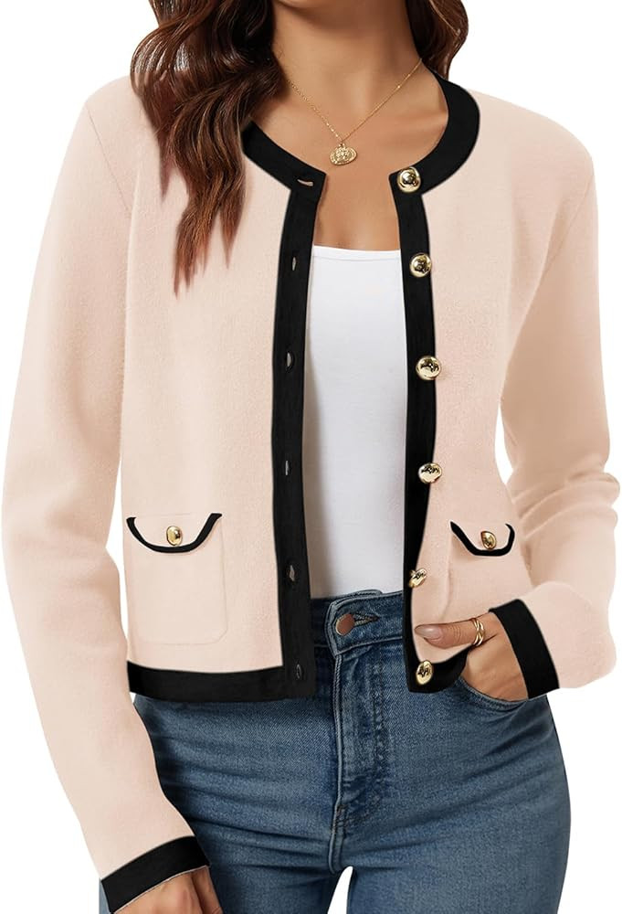 Yousify Womens Button Down Cardigan Long Sleeve Color Block Cropped Cardigan Sweaters Knit Blazer... | Amazon (US)