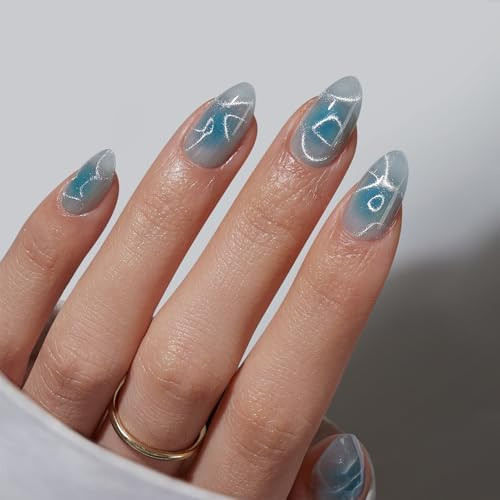 BTArtbox Press On Nails Short - Lamp-Curable Sparkly Blue Almond Press On Nails with Glue for Wom... | Amazon (US)