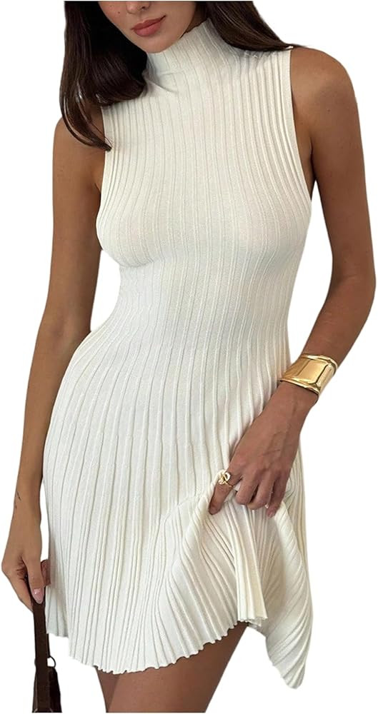 GORGLITTER Women's Mock Neck Pleated Sleeveless Dress Y2k Slimming Mini Fall Knit Sweater Dresses... | Amazon (US)