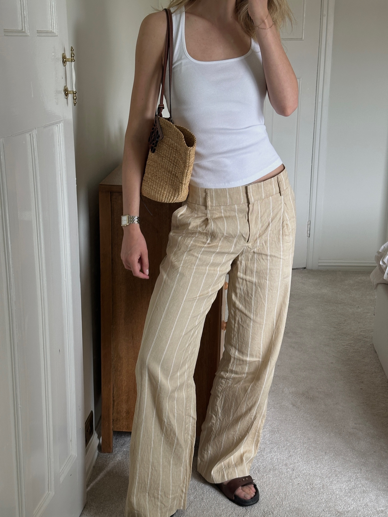 Sezane, Loewe, H&M, linen trousers, wide leg trousers, white vest, cotton vest, Loewe bag, basket bag 

#LTKuk #LTKsummer #LTKeurope