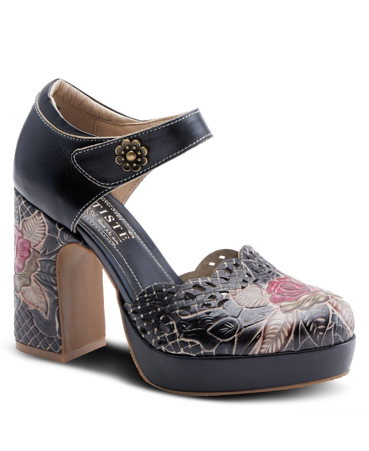 L'Artiste Women's Debbihary Hand-Painted Leather Mary Jane Pumps with Rose Embossing, Cutouts, Adjustable Strap, and 4-Inch Leather-Wrapped Heel â E | Macy's