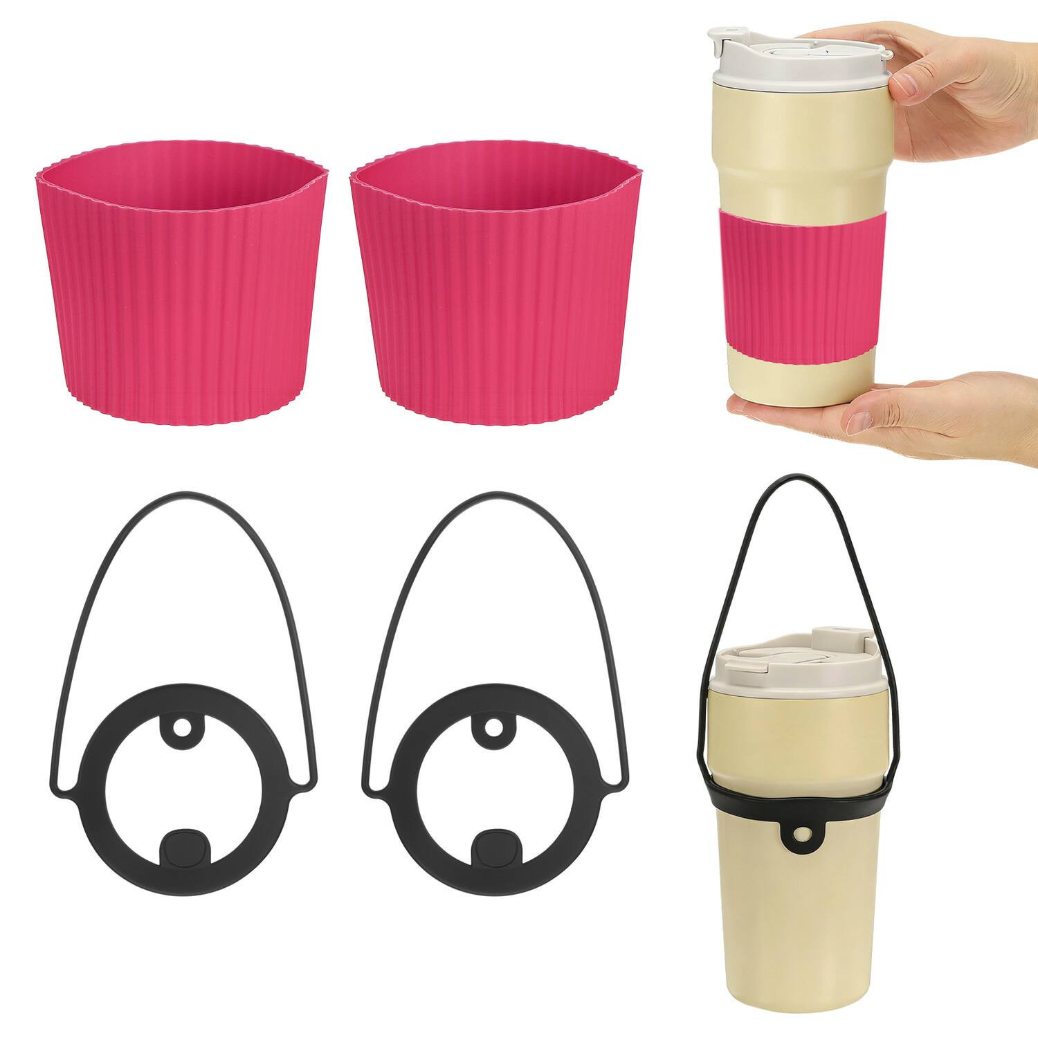 Unique Bargains - Silicone Cup Sleeve, 2pcs Coffee Sleeves with Black Handle Strap, Heat Resistant Reusable Nonslip for Coffee Tea Drinks - Rose Red | Best Buy U.S.