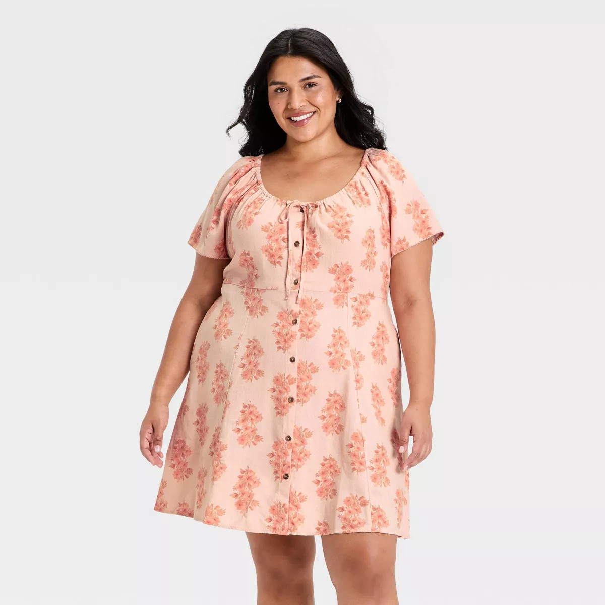 Women's Short Sleeve Button-Front Mini Sundress - Universal Thread™ Peach Floral 1X | Target