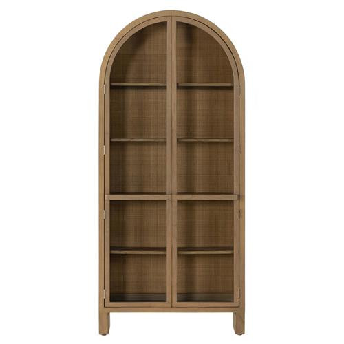 Iliana Coastal Beach Natural Wood Woven Cane 2 Glass Door Arched Display Case | Kathy Kuo Home