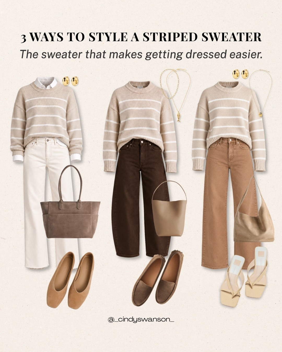 A striped sweater is one of those pieces I reach for again and again. I love how easily this neutral version works with white jeans, dark denim, or warm camel denim, three simple combinations that feel polished without being overdone.

#LTKootd #LTKOver40 #LTKSeasonal