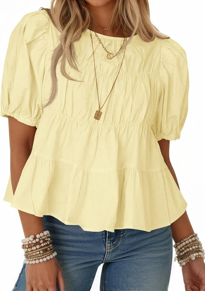 Tankaneo Womens Puff Sleeve Peplum Babydoll Tops Summer Smoked Pleated Cotton T-Shirts Casual Loo... | Amazon (US)