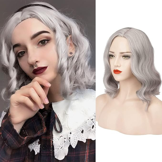 Amazon.com : FESHFEN Gray Pastel Wavy Curly Wigs Women’s Short Bob Wig with L Part 14 Inch Heat... | Amazon (US)