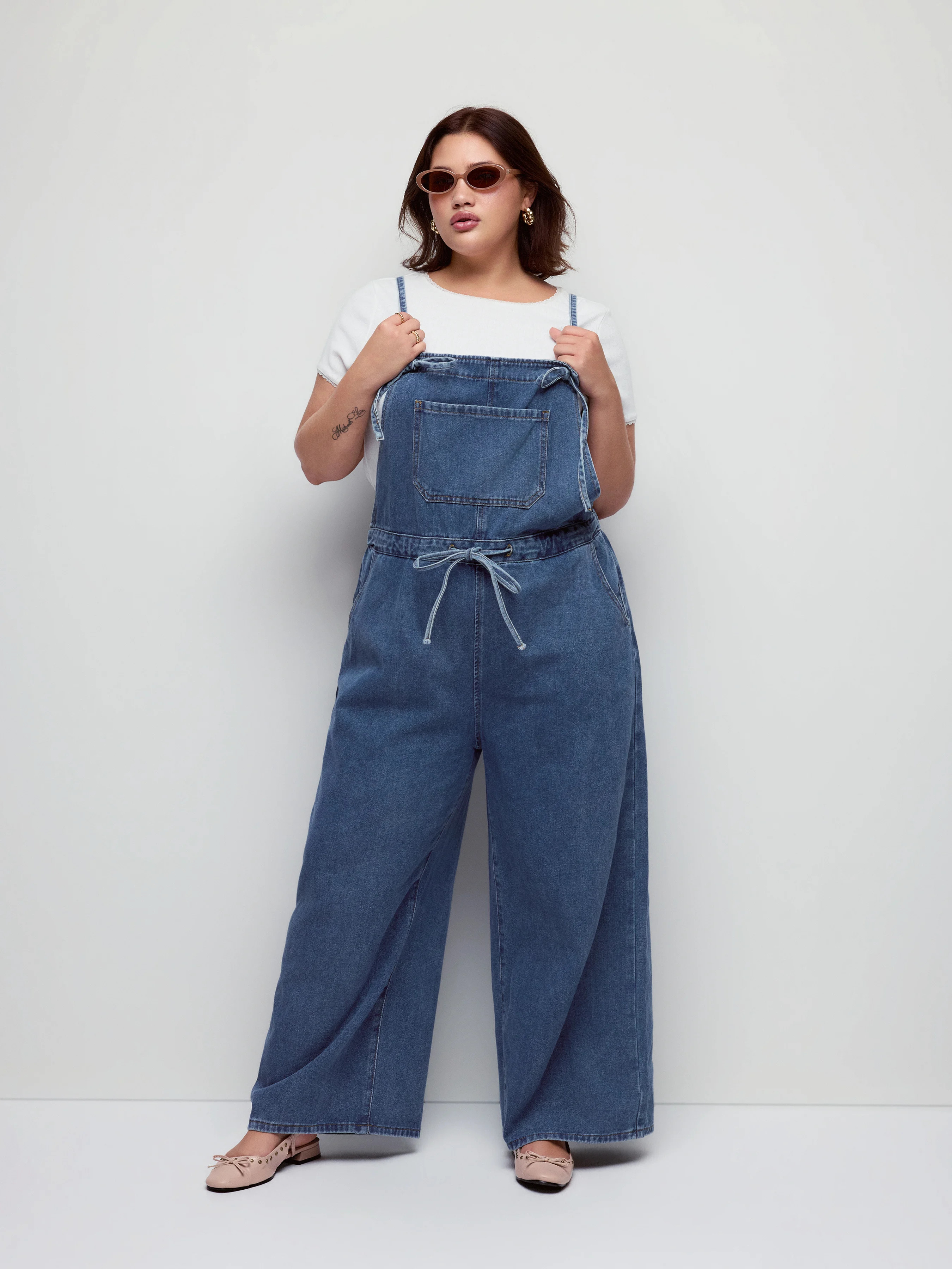 Denim Washed Square Neck Bowknot Belted Wide Leg Jumpsuit Curve & Plus | Cider